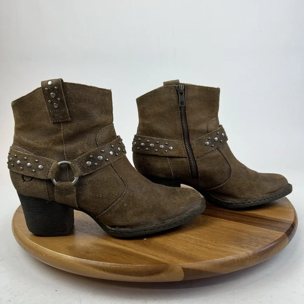 Womens Born Slater Brown Distressed Leather Studded Harness Ankle Boots Size 7 M